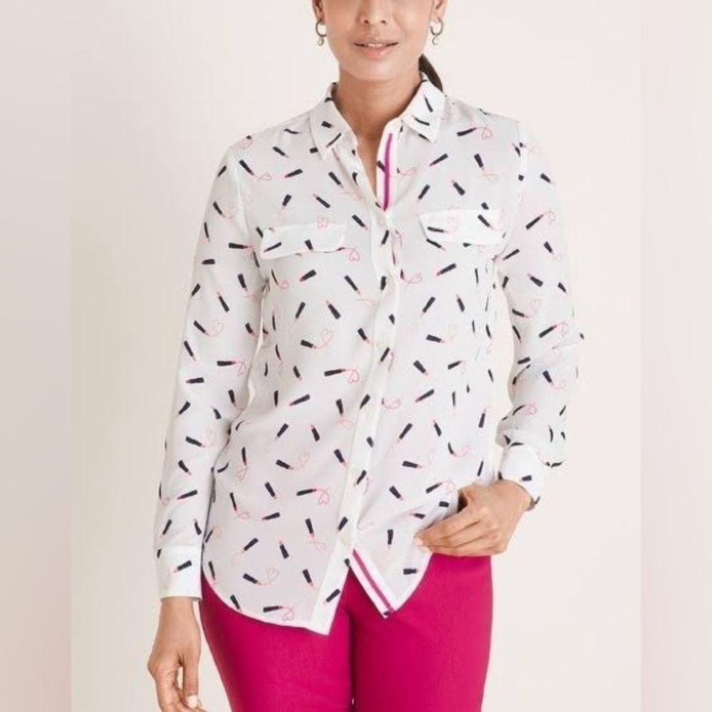 Chico's Women's Lipstick-Print Easy Button Down Shirt, Raspberry - Picture 14 of 15